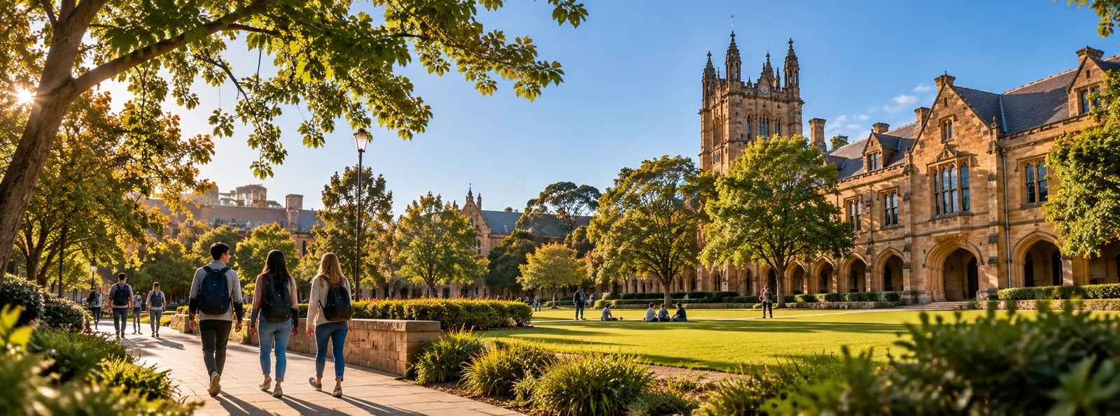 Students walking through a contemporary Australian-style campus setting