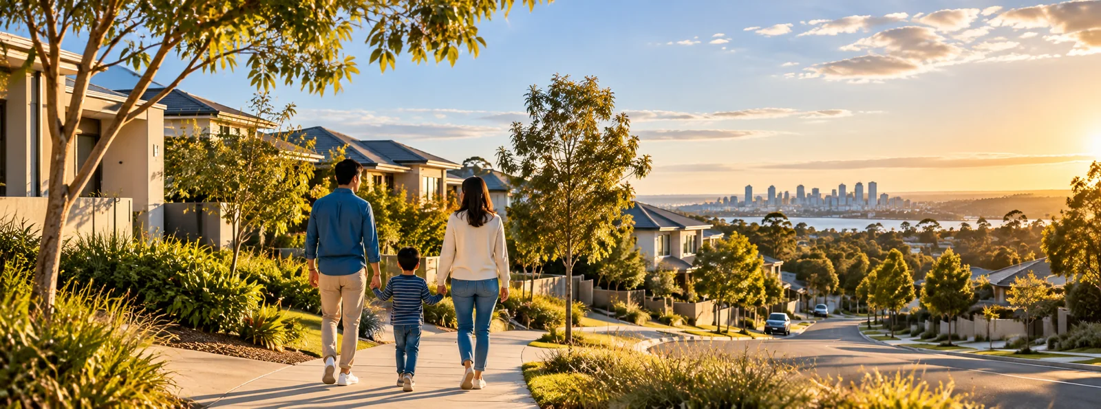 Family walking through a residential Australian neighbourhood