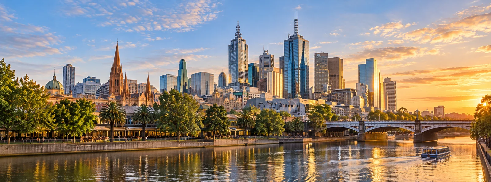 Melbourne skyline and the Yarra River at sunset