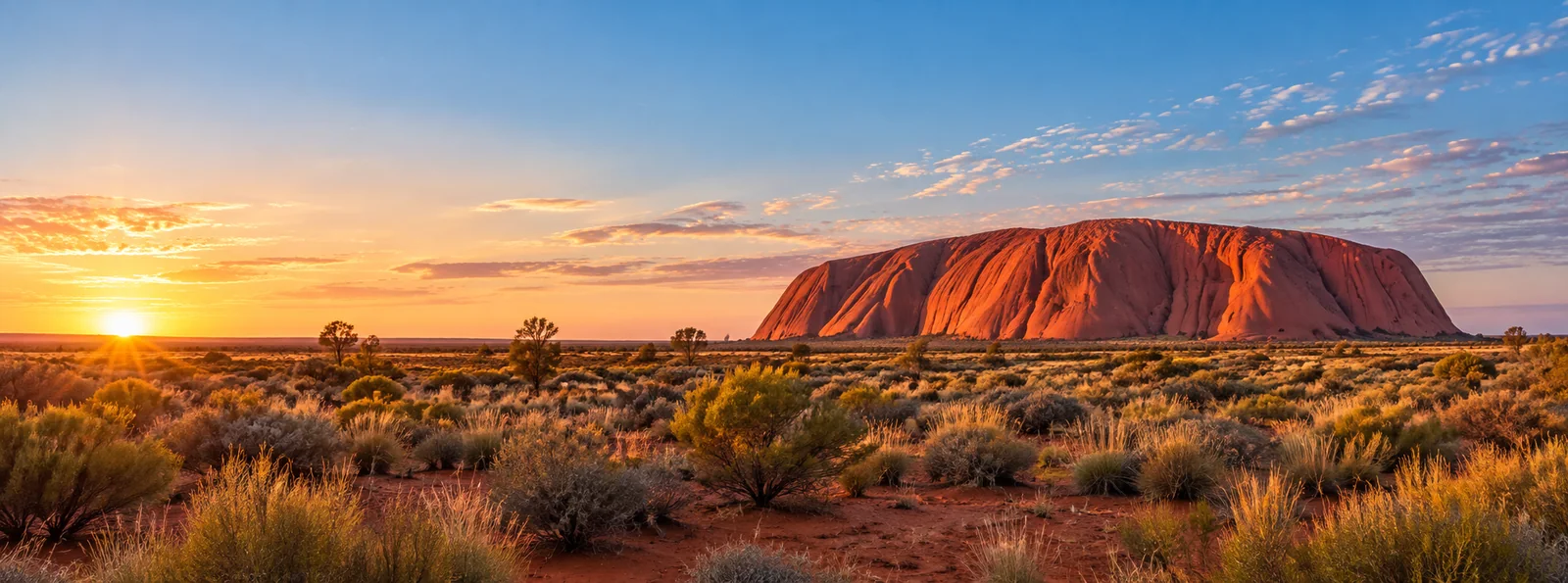 Uluru at sunrise in a wide central Australian landscape